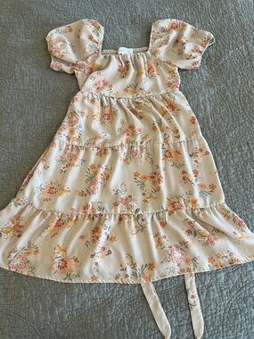 Pink Rose Cream Floral Tiered Puff-Sleeve Dress with Pink & Yellow Blooms